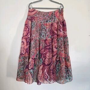 American Living Midi Skirt Women L Pink Tiered Floral Paisley Pull On Silk Boho